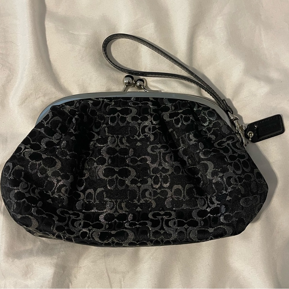 Vtg 90s Y2K Coach monogram kiss lock clasp clutch mini bag black silver wristlet